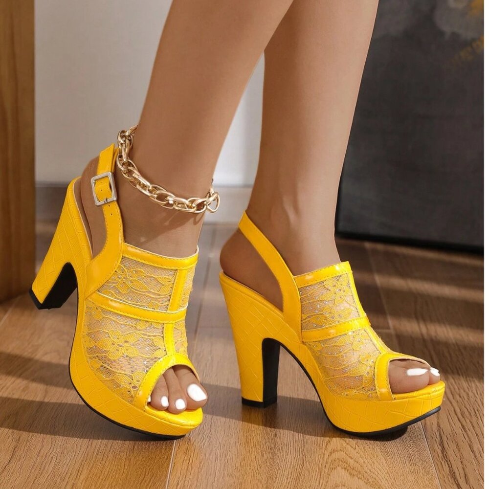Yellow Block Heel Strappy Sandals Size 10.5/42